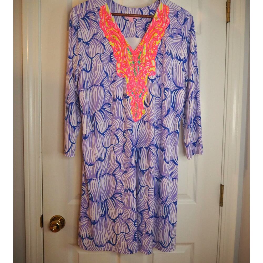 Lilly Pulitzer Bordeaux Tunic Dress XL House of Nemo Beaded Purple 3/4 Sleeve